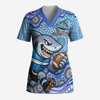 Cronulla Sutherland Sharks Scrub Top Aboriginal Dot Pattern - Rugby Mascot Heritage Pride
