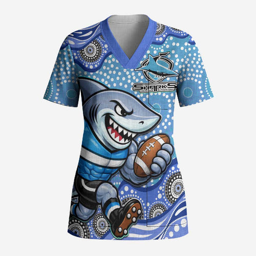 Cronulla Sutherland Sharks Scrub Top Aboriginal Dot Pattern - Rugby Mascot Heritage Pride