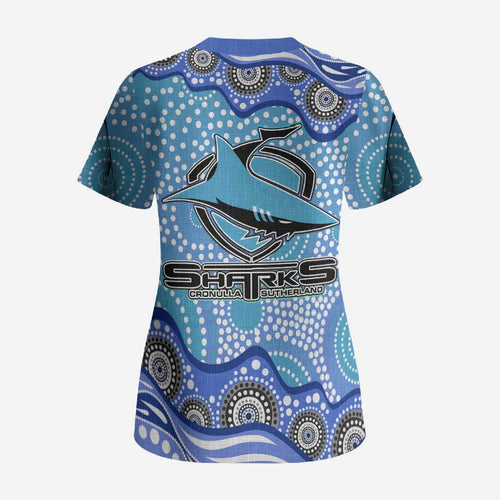 Cronulla Sutherland Sharks Scrub Top Aboriginal Dot Pattern - Rugby Mascot Heritage Pride