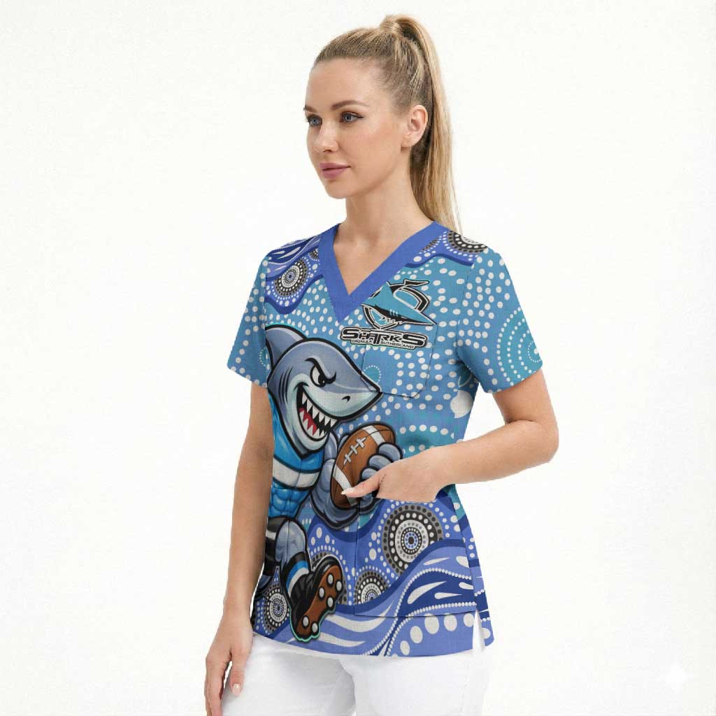 Cronulla Sutherland Sharks Scrub Top Aboriginal Dot Pattern - Rugby Mascot Heritage Pride
