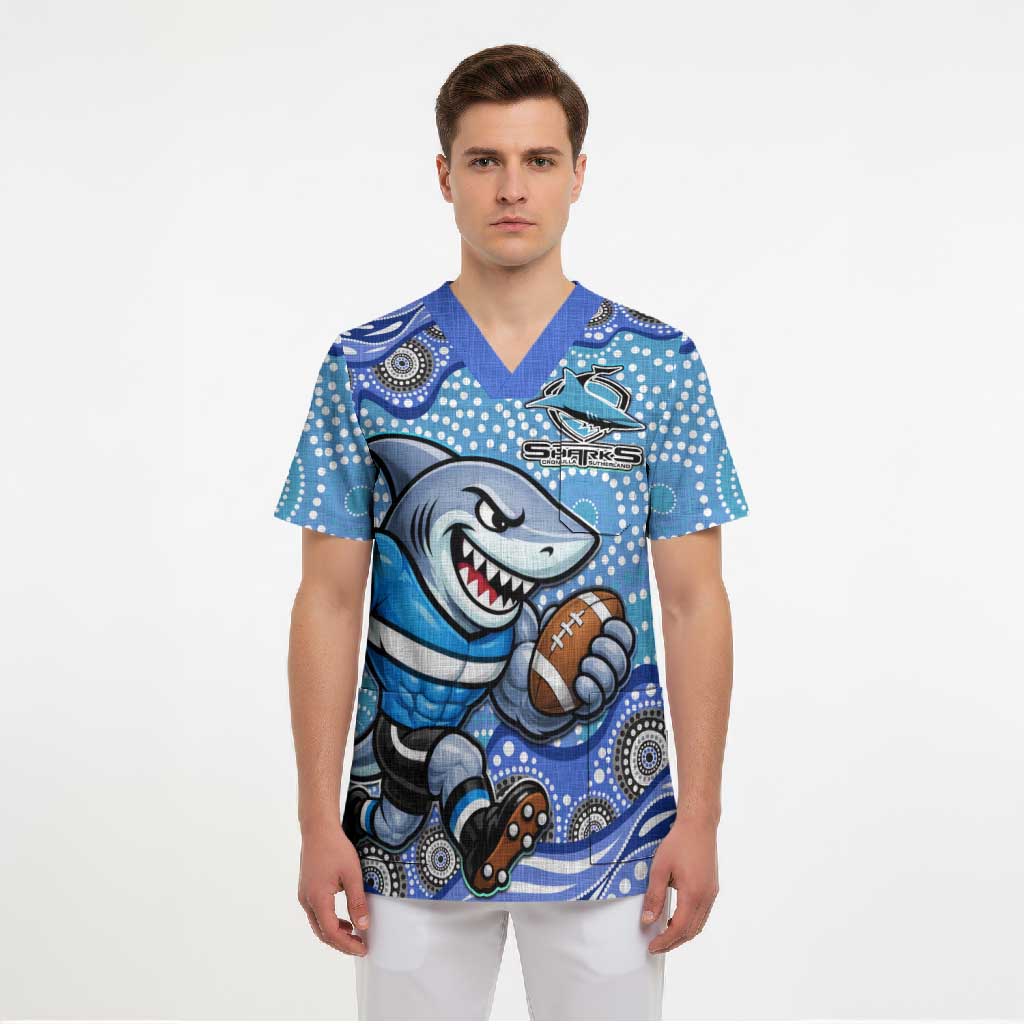 Cronulla Sutherland Sharks Scrub Top Aboriginal Dot Pattern - Rugby Mascot Heritage Pride