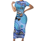 Cronulla Sutherland Sharks Short Sleeve Bodycon Dress Aboriginal Dot Pattern - Rugby Mascot Heritage Pride