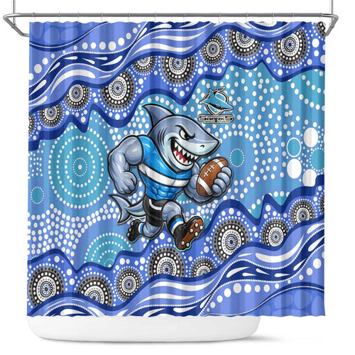 Cronulla Sutherland Sharks Shower Curtain Aboriginal Dot Pattern - Rugby Mascot Heritage Pride