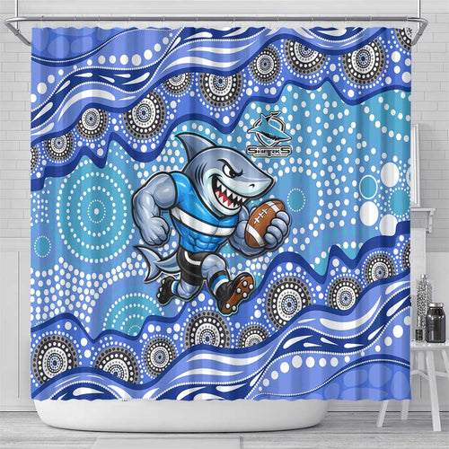 Cronulla Sutherland Sharks Shower Curtain Aboriginal Dot Pattern - Rugby Mascot Heritage Pride