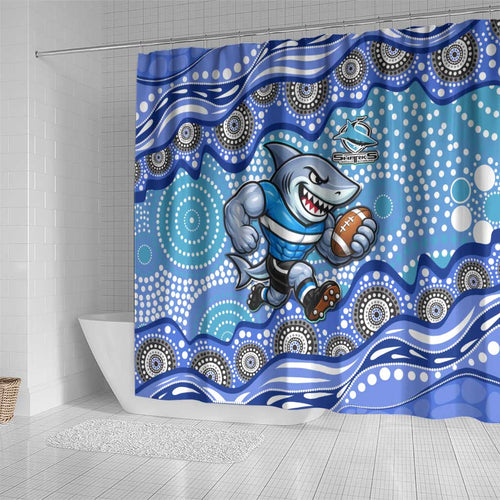 Cronulla Sutherland Sharks Shower Curtain Aboriginal Dot Pattern - Rugby Mascot Heritage Pride