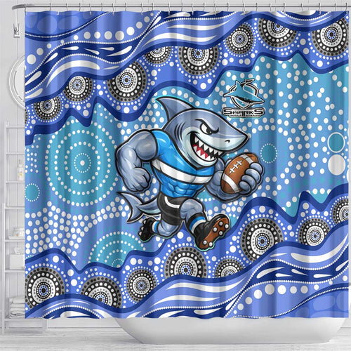 Cronulla Sutherland Sharks Shower Curtain Aboriginal Dot Pattern - Rugby Mascot Heritage Pride