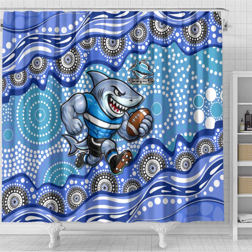 Cronulla Sutherland Sharks Shower Curtain Aboriginal Dot Pattern - Rugby Mascot Heritage Pride