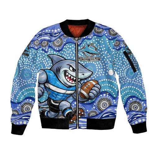 Cronulla Sutherland Sharks Sleeve Zip Bomber Jacket Aboriginal Dot Pattern - Rugby Mascot Heritage Pride