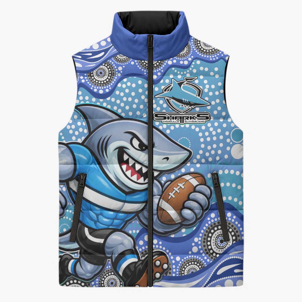 Cronulla Sutherland Sharks Sleeveless Puffer Jacket Aboriginal Dot Pattern - Rugby Mascot Heritage Pride