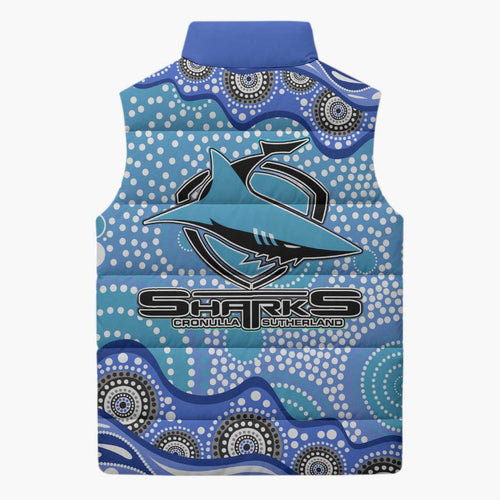 Cronulla Sutherland Sharks Sleeveless Puffer Jacket Aboriginal Dot Pattern - Rugby Mascot Heritage Pride