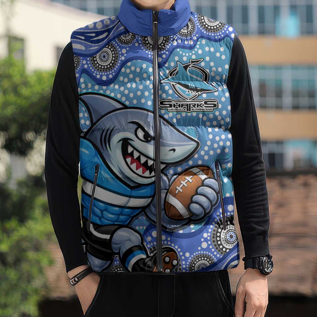 Cronulla Sutherland Sharks Sleeveless Puffer Jacket Aboriginal Dot Pattern - Rugby Mascot Heritage Pride