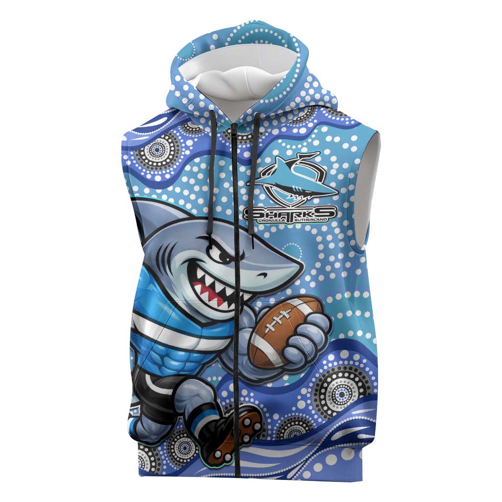 Cronulla Sutherland Sharks Sleeveless Zip Hoodie Aboriginal Dot Pattern - Rugby Mascot Heritage Pride