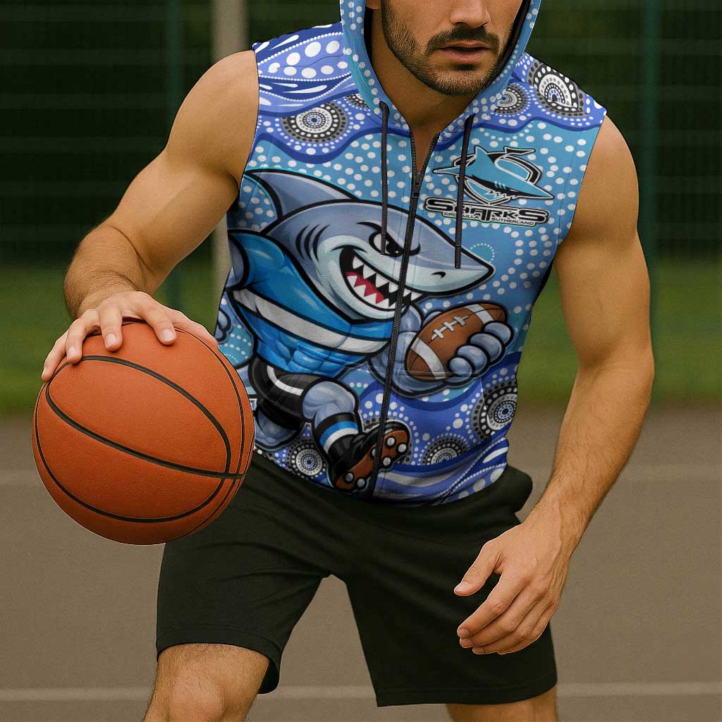 Cronulla Sutherland Sharks Sleeveless Zip Hoodie Aboriginal Dot Pattern - Rugby Mascot Heritage Pride