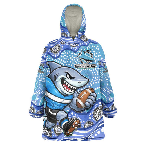 Cronulla Sutherland Sharks Wearable Blanket Hoodie Aboriginal Dot Pattern - Rugby Mascot Heritage Pride