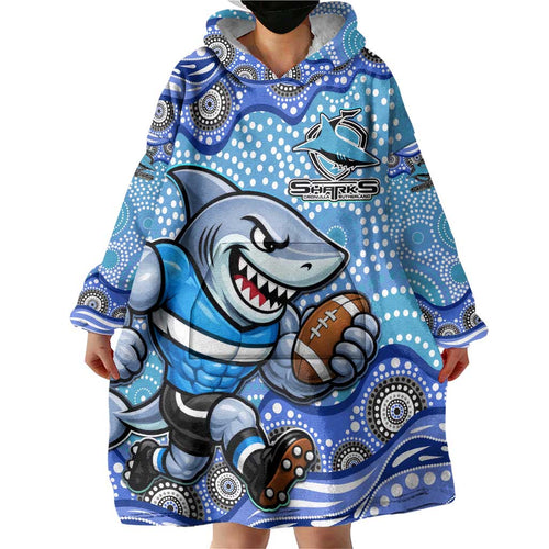 Cronulla Sutherland Sharks Wearable Blanket Hoodie Aboriginal Dot Pattern - Rugby Mascot Heritage Pride