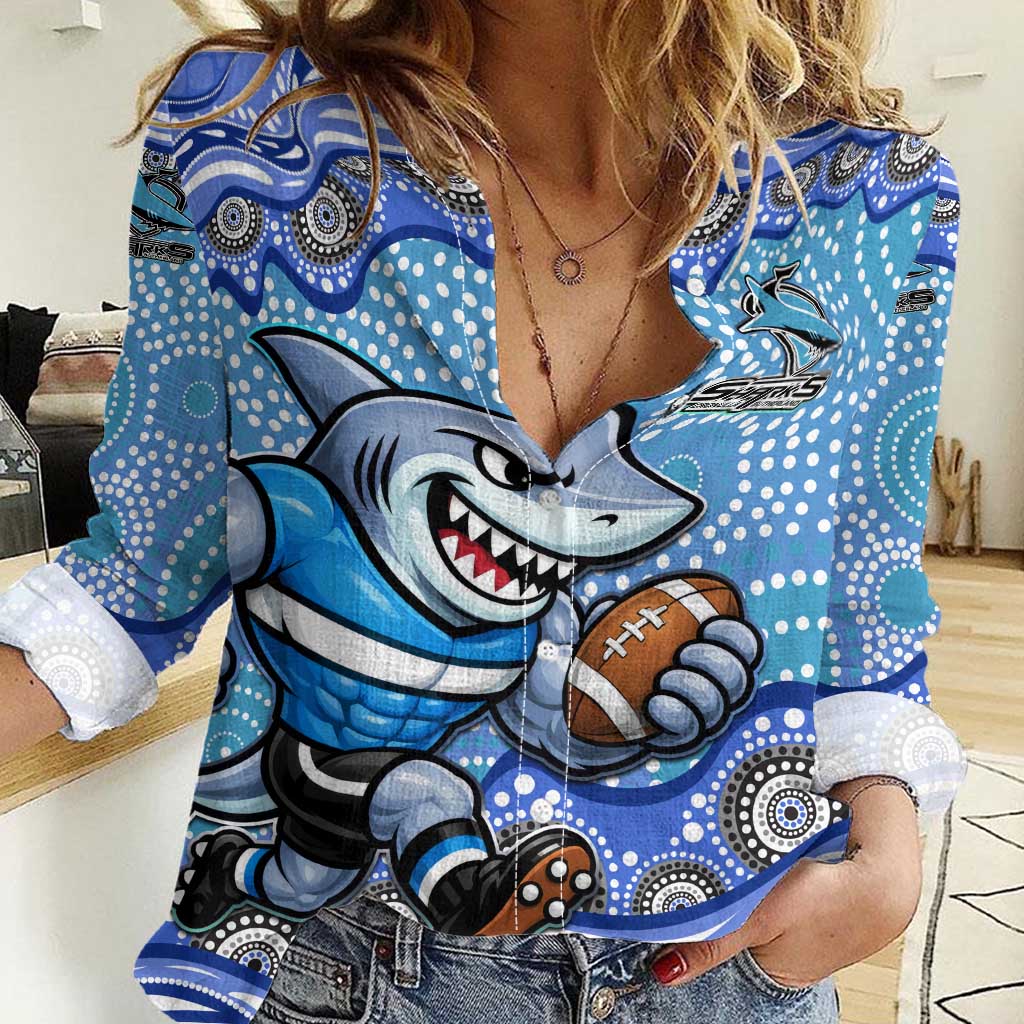 Cronulla Sutherland Sharks Women Casual Shirt Aboriginal Dot Pattern - Rugby Mascot Heritage Pride