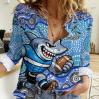 Cronulla Sutherland Sharks Women Casual Shirt Aboriginal Dot Pattern - Rugby Mascot Heritage Pride
