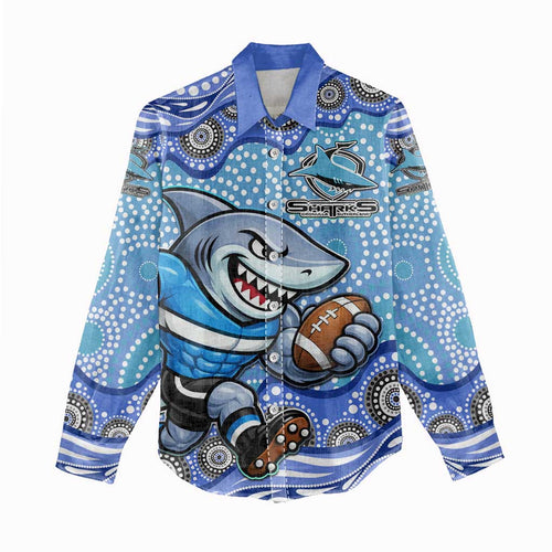 Cronulla Sutherland Sharks Women Casual Shirt Aboriginal Dot Pattern - Rugby Mascot Heritage Pride