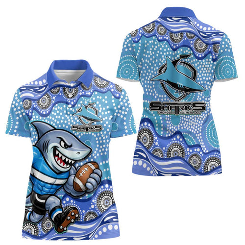 Cronulla Sutherland Sharks Women Polo Shirt Aboriginal Dot Pattern - Rugby Mascot Heritage Pride