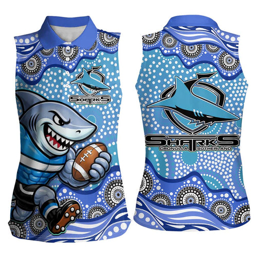 Cronulla Sutherland Sharks Women Sleeveless Polo Shirt Aboriginal Dot Pattern - Rugby Mascot Heritage Pride