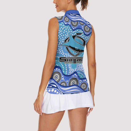 Cronulla Sutherland Sharks Women Sleeveless Polo Shirt Aboriginal Dot Pattern - Rugby Mascot Heritage Pride