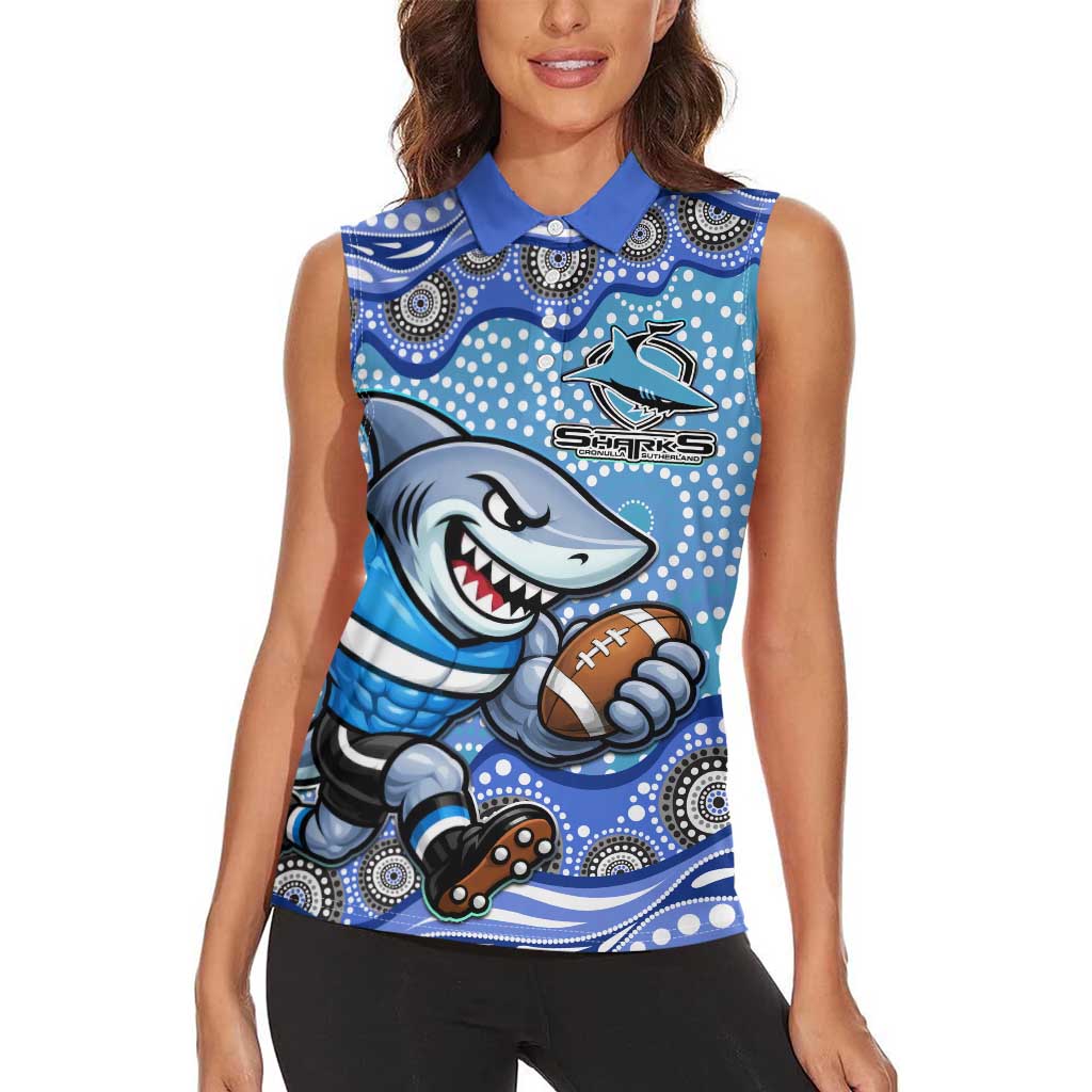 Cronulla Sutherland Sharks Women Sleeveless Polo Shirt Aboriginal Dot Pattern - Rugby Mascot Heritage Pride