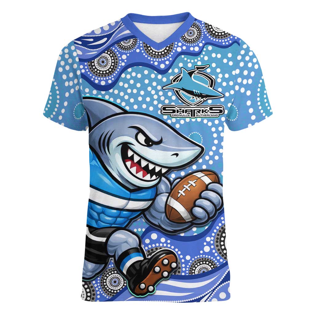 Cronulla Sutherland Sharks Women V-Neck T-Shirt Aboriginal Dot Pattern - Rugby Mascot Heritage Pride