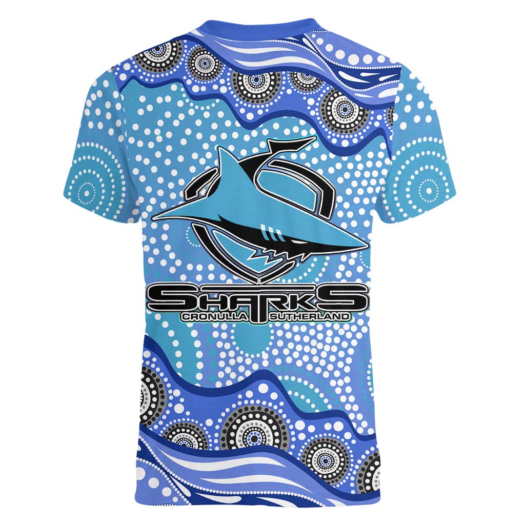 Cronulla Sutherland Sharks Women V-Neck T-Shirt Aboriginal Dot Pattern - Rugby Mascot Heritage Pride