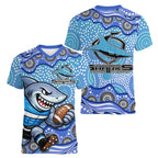 Cronulla Sutherland Sharks Women V-Neck T-Shirt Aboriginal Dot Pattern - Rugby Mascot Heritage Pride