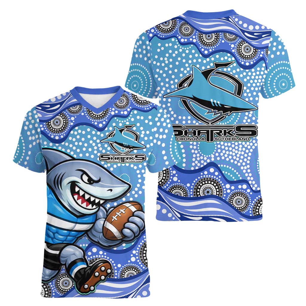 Cronulla Sutherland Sharks Women V-Neck T-Shirt Aboriginal Dot Pattern - Rugby Mascot Heritage Pride