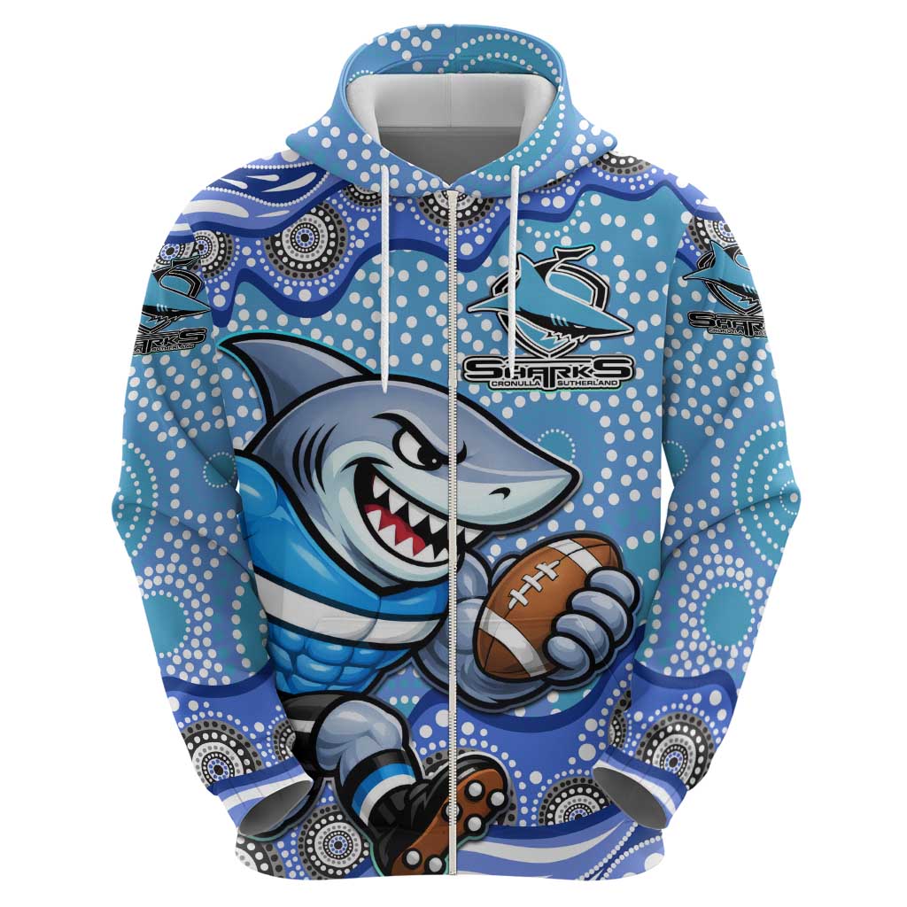 Cronulla Sutherland Sharks Zip Hoodie Aboriginal Dot Pattern - Rugby Mascot Heritage Pride