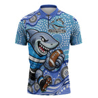 Cronulla Sutherland Sharks Zipper Polo Shirt Aboriginal Dot Pattern - Rugby Mascot Heritage Pride