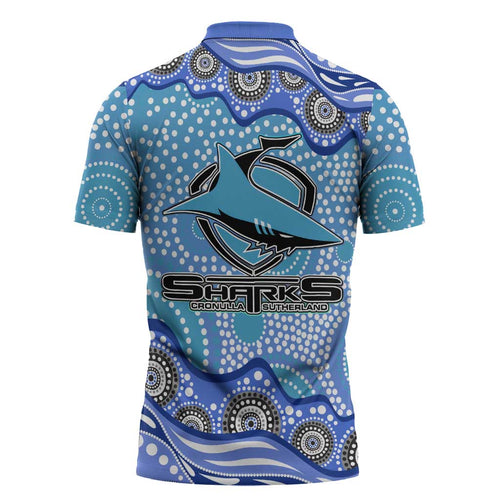 Cronulla Sutherland Sharks Zipper Polo Shirt Aboriginal Dot Pattern - Rugby Mascot Heritage Pride