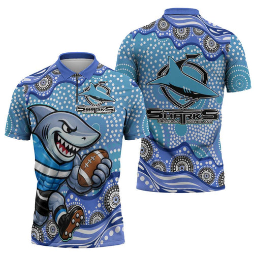 Cronulla Sutherland Sharks Zipper Polo Shirt Aboriginal Dot Pattern - Rugby Mascot Heritage Pride