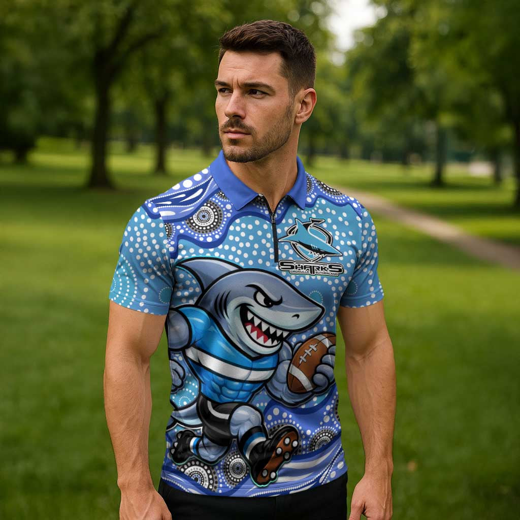 Cronulla Sutherland Sharks Zipper Polo Shirt Aboriginal Dot Pattern - Rugby Mascot Heritage Pride