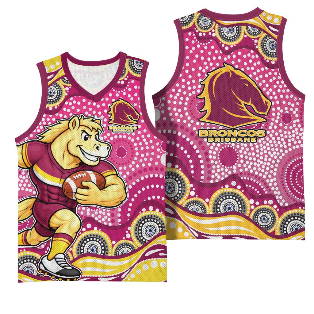 Brisbane Broncos Basketball Jersey Aboriginal Dot Pattern - Rugby Mascot Heritage Pride