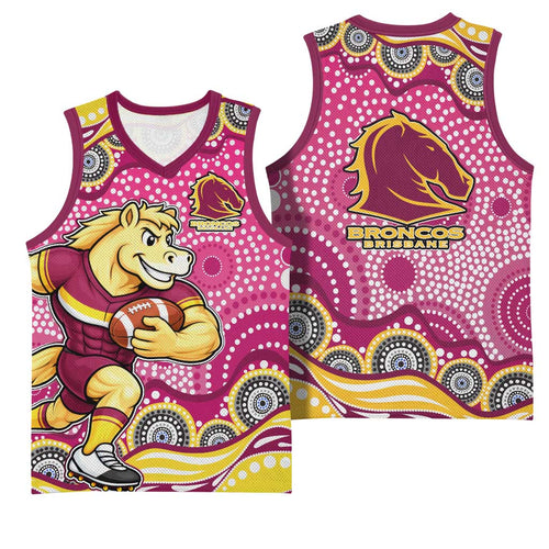 Brisbane Broncos Basketball Jersey Aboriginal Dot Pattern - Rugby Mascot Heritage Pride