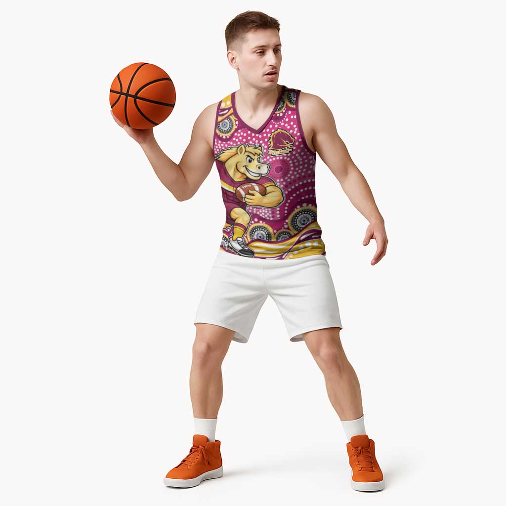 Brisbane Broncos Basketball Jersey Aboriginal Dot Pattern - Rugby Mascot Heritage Pride