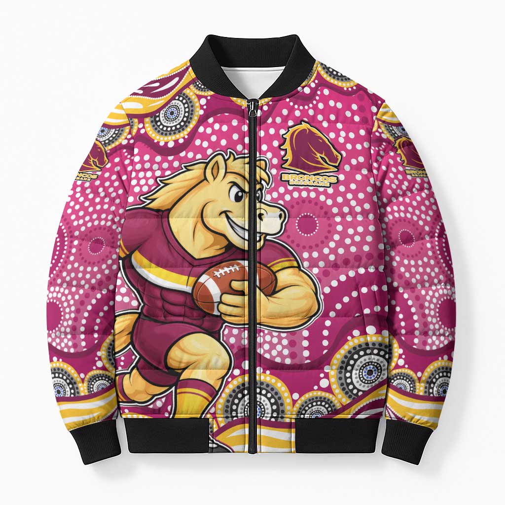 Brisbane Broncos Bomber Puffer Jacket Aboriginal Dot Pattern - Rugby Mascot Heritage Pride
