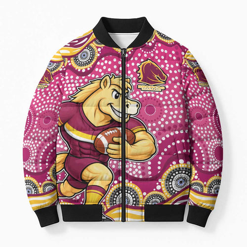 Brisbane Broncos Bomber Puffer Jacket Aboriginal Dot Pattern - Rugby Mascot Heritage Pride