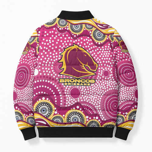 Brisbane Broncos Bomber Puffer Jacket Aboriginal Dot Pattern - Rugby Mascot Heritage Pride