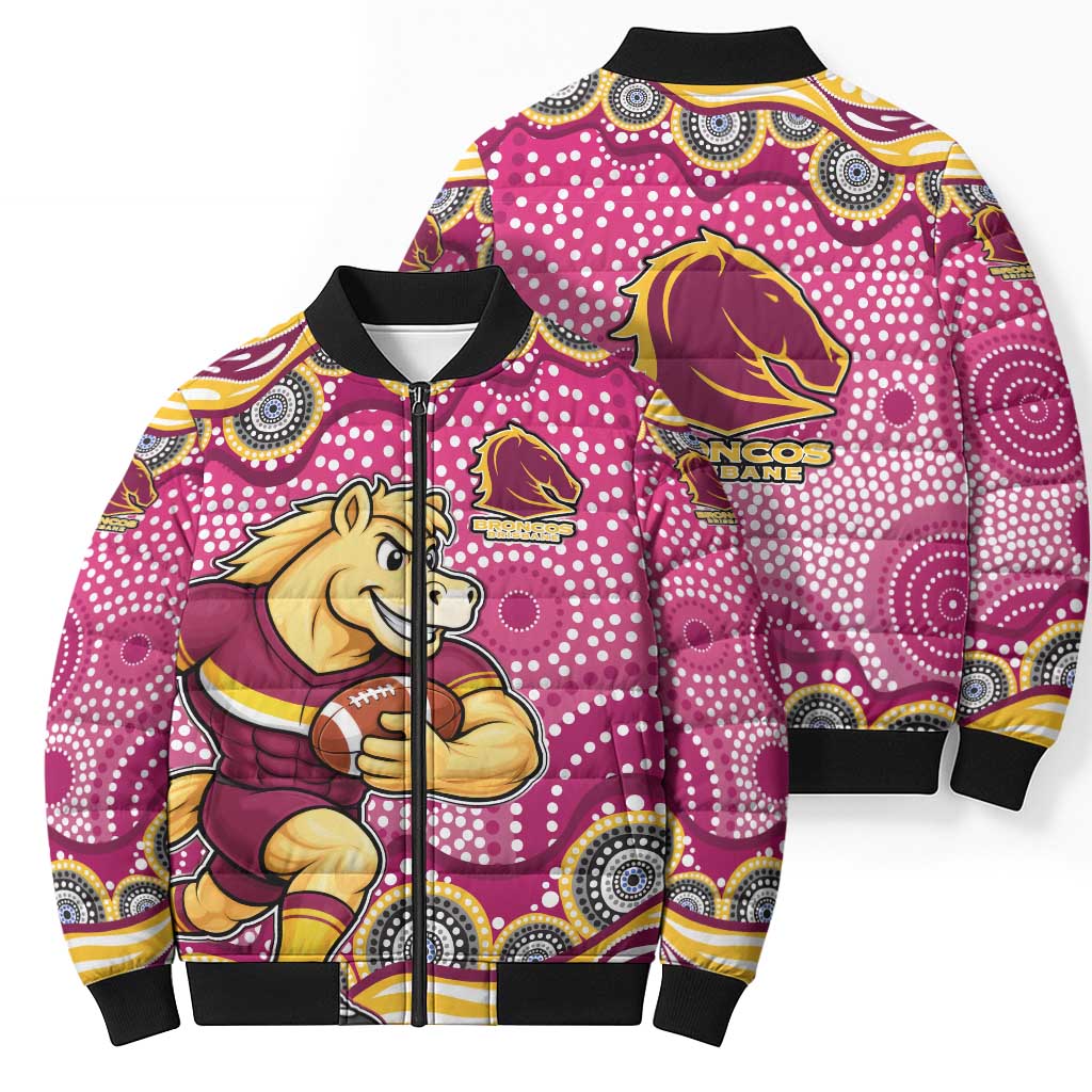 Brisbane Broncos Bomber Puffer Jacket Aboriginal Dot Pattern - Rugby Mascot Heritage Pride