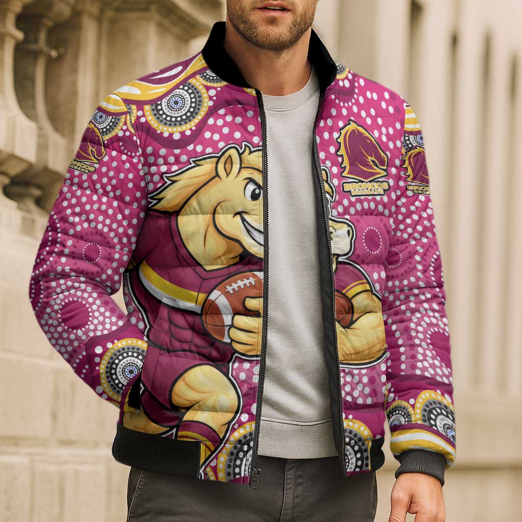 Brisbane Broncos Bomber Puffer Jacket Aboriginal Dot Pattern - Rugby Mascot Heritage Pride