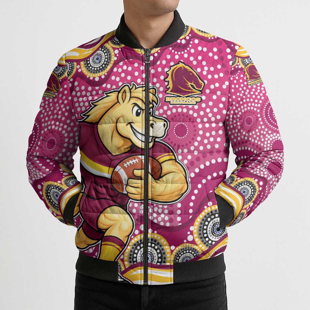 Brisbane Broncos Bomber Puffer Jacket Aboriginal Dot Pattern - Rugby Mascot Heritage Pride