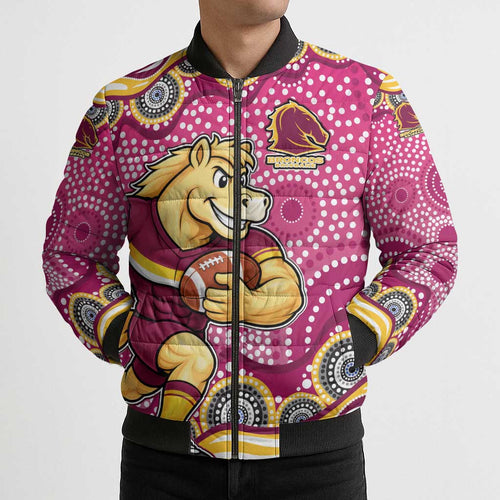 Brisbane Broncos Bomber Puffer Jacket Aboriginal Dot Pattern - Rugby Mascot Heritage Pride