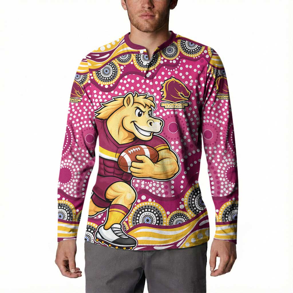 Brisbane Broncos Button Sweatshirt Aboriginal Dot Pattern - Rugby Mascot Heritage Pride