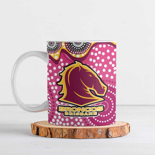 Brisbane Broncos Ceramic Mug Aboriginal Dot Pattern - Rugby Mascot Heritage Pride