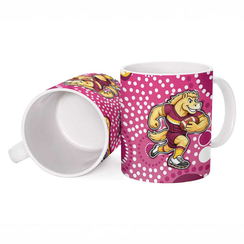 Brisbane Broncos Ceramic Mug Aboriginal Dot Pattern - Rugby Mascot Heritage Pride