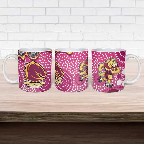 Brisbane Broncos Ceramic Mug Aboriginal Dot Pattern - Rugby Mascot Heritage Pride