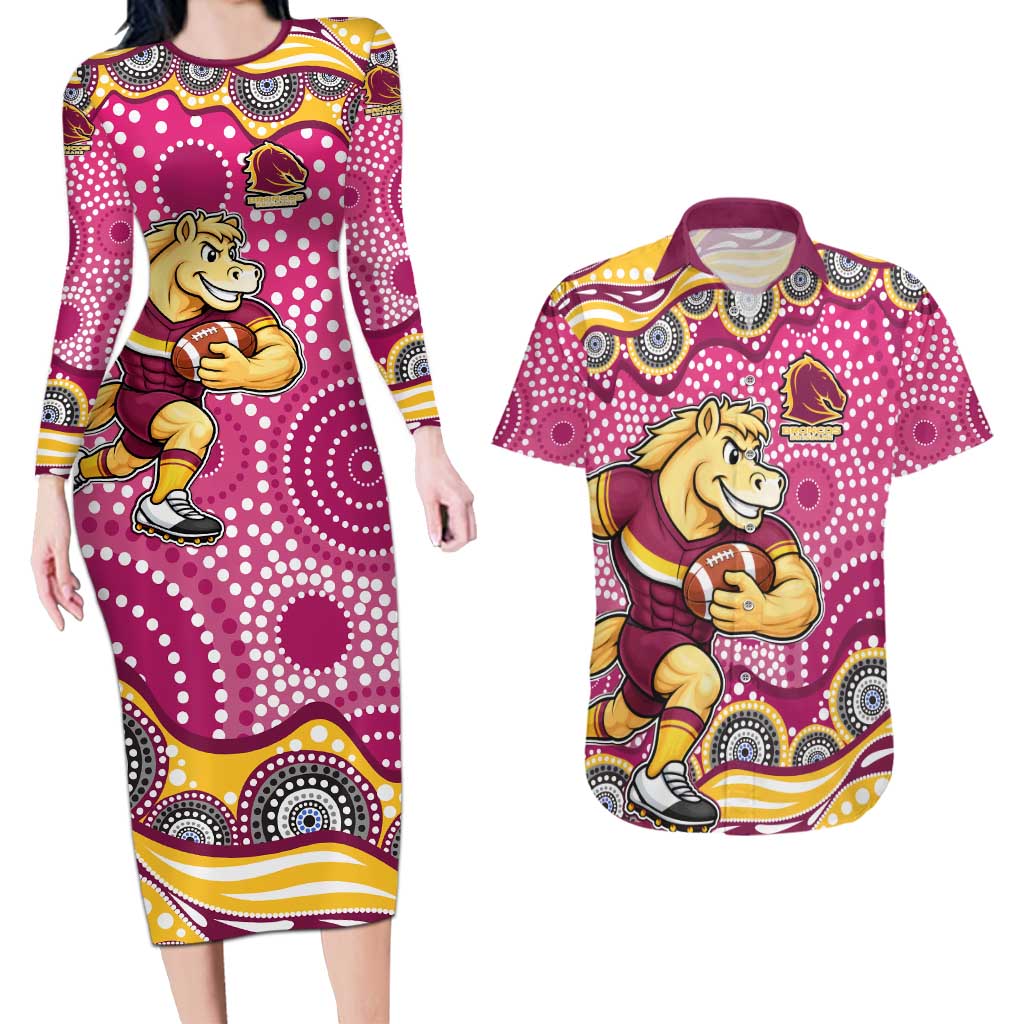 Brisbane Broncos Couples Matching Long Sleeve Bodycon Dress and Hawaiian Shirt Aboriginal Dot Pattern - Rugby Mascot Heritage Pride